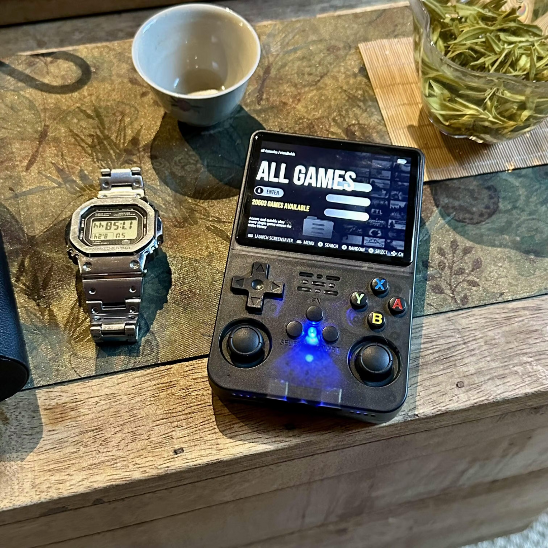 Gifted handheld console on living-room table